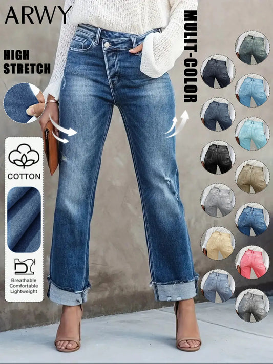 Women'S Solid Color Jeans, Casual Comfy Denim Pants for Daily Wear, Ladies Bottoms for All Seasons